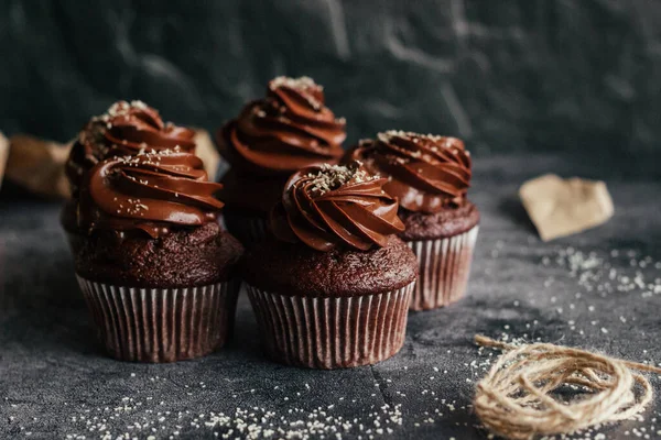 Köstliche Schokoladen Cupcakes Cupcakes Auf Einem Betontisch Schokoladenkekse Und Schokoladenganache — Stockfoto
