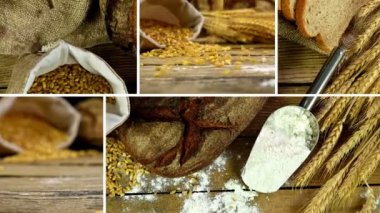 Demet buğday kulaklar, un ve ekmek ahşap bir masa üzerinde gösterilen küçük resim koleksiyonunu montaj