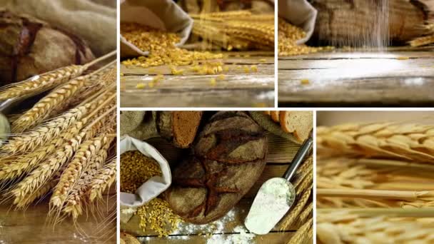 Монтаж коллекции клипов, показывающих сноп колосьев пшеницы, муки и хлеба на деревянном столе — стоковое видео