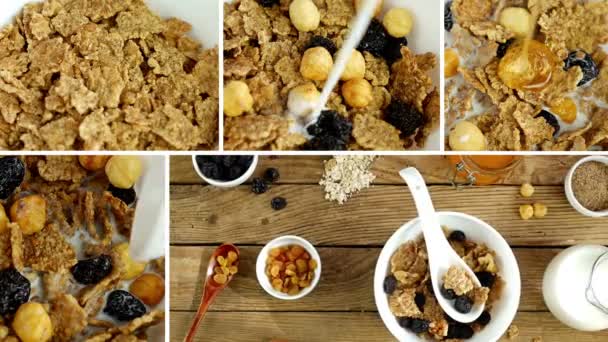 Montage von Clips mit Frühstücksszene - Müsli, Trockenfrüchte, Nüsse und Milch — Stockvideo