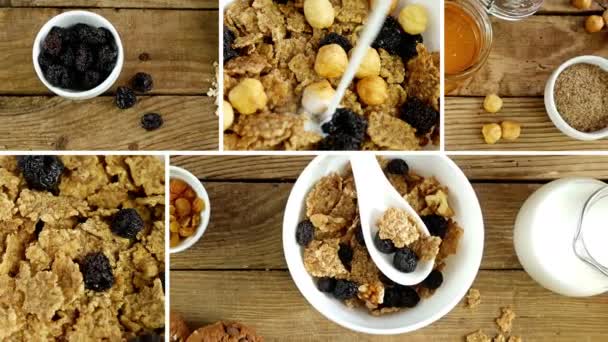 Montage collection of clips showing breakfast scene - cereal, dried fruits, nuts and milk — Stock Video