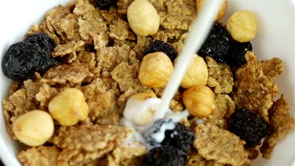 Молоко вливають у миску з зерновими, сушеними вишнями та лісовими горіхами, повільним рухом — стокове відео