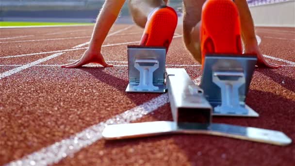 Velocista su pista singola e campo in uno stadio che parte dal blocco, rallentatore — Video Stock