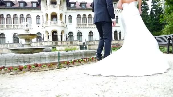 Novia y novio corriendo bajo la lluvia frente a un hermoso castillo — Vídeo de stock