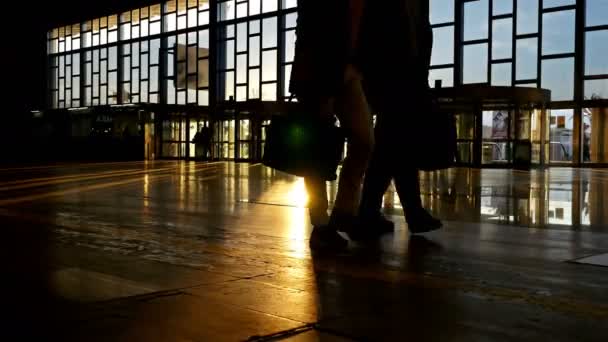 Silhouetten von Menschen, die mit Gepäck auf einem internationalen Flughafen gehen — Stockvideo