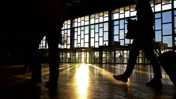 Silhouetten von Menschen, die mit Gepäck auf einem internationalen Flughafen gehen — Stockvideo