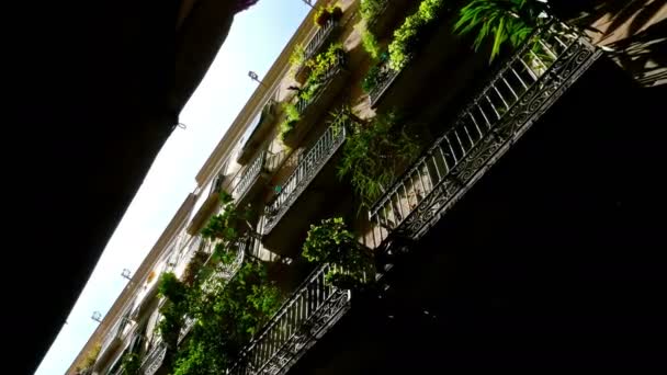 Vista panorámica de edificios en el barrio gótico de Barcelona — Vídeo de stock