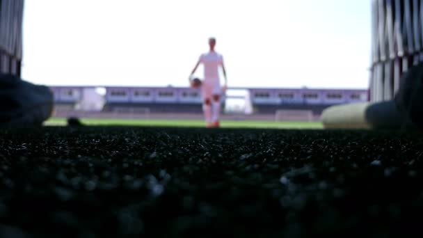 Silhouet van een football-speler verlaten van het gebied van het stadion — Stockvideo