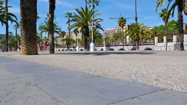 BARCELONA, ESPAÑA - 8 DE MAYO DE 2016: Gente turística que monta bicicletas en la bahía de la playa de Barcelona, dolly — Vídeos de Stock