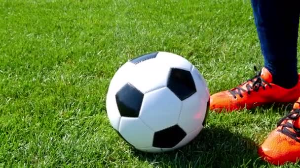 Pallone da calcio sul punto centrale di un campo da calcio, giocatore che calcia il pallone — Video Stock