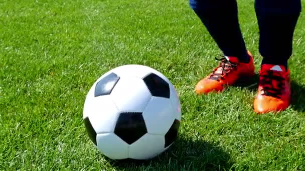 Balón de fútbol en el punto central de un campo de fútbol, jugador pateando la pelota — Vídeo de stock