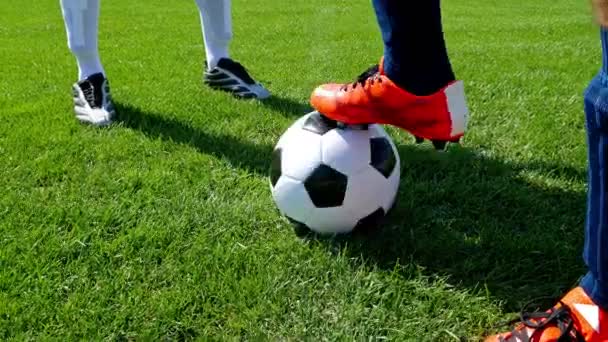 Pallone da calcio al centro di un campo da calcio, due giocatori che iniziano la partita — Video Stock