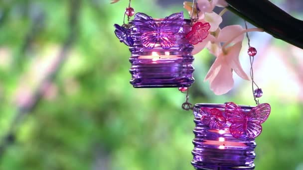 Весільна прикраса з фіолетовими свічками — стокове відео