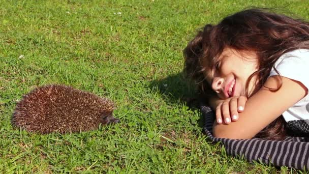 Girl having fun while laying against hedgehog in the grass — Stock Video