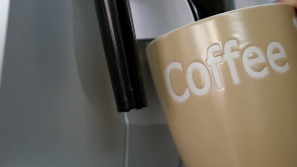 Ekspres do kawy napełnia filiżankę kawy — Wideo stockowe