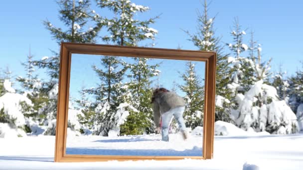Matka a dcera hrají v zimním sněhu, rámu v popředí. Obraz v rámečku je s efektem olejnatých barev — Stock video