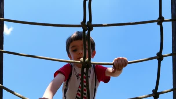 A boy is climbing on rope in playground. Recreation outdoors for kids — Stock Video