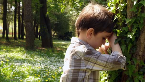 Un niño y dos niñas jugando al escondite. Recreación al aire libre para niños — Vídeos de Stock