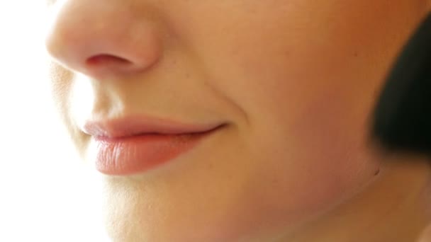 Maquiagem artista aplicando a uma bochecha modelo cosmético com um grande pincel, close-up — Vídeo de Stock