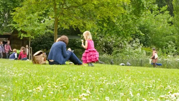 Egyesült Királyság, London - 2015. június 15.: A londoni életstílus. Gyermekes családok nyugszik a füves területek, a Park, London, Egyesült Királyság — Stock videók