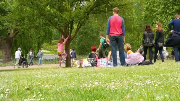 Verenigd Koninkrijk, Londen - 15 juni 2015: Londen levensstijl. Gezinnen met kinderen rustend op de medow in een park in Londen, Verenigd Koninkrijk — Stockvideo