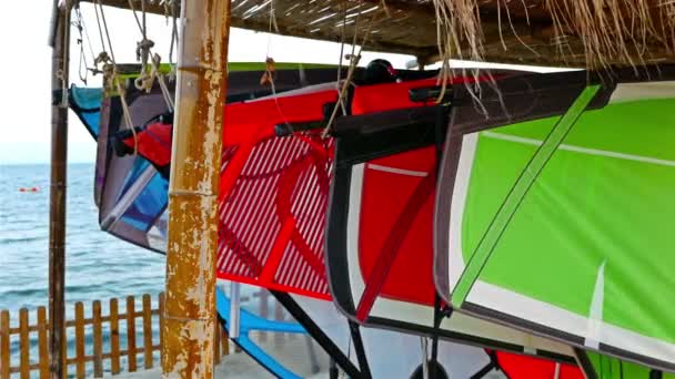 Windsurfing gear hanging on a sea beach — Stock Video