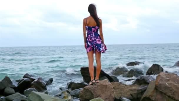 Jonge vrouw zittend op de rotsachtige kust door de zee bij zonsondergang, haar jurk wapperen in de wind — Stockvideo