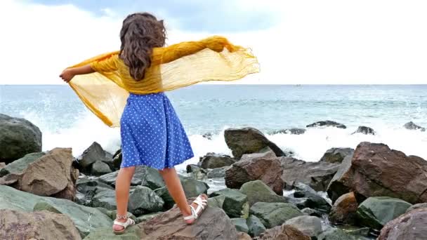 Petite fille en robe et écharpe debout sur les rochers et regardant vers la mer orageuse — Video