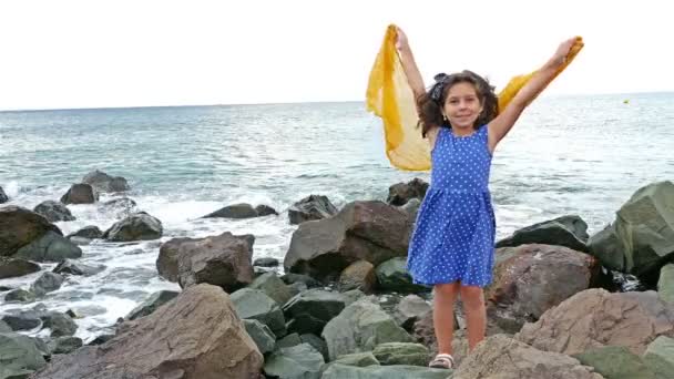 Niña en un vestido y bufanda de pie sobre las rocas y mirando al mar tormentoso — Vídeos de Stock