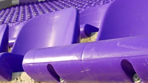 Filas de asientos de plástico violeta en el estadio tribune, dolly — Vídeo de stock