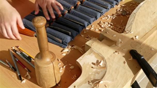 Bulgaria, veliko tarnovo - 20. September 2015: Holzschnitzerei - menschliche Hand verpackt einen Meißel in einem Set mit Instrumenten, nachdem sie ein Stück Holz bearbeitet hat — Stockvideo