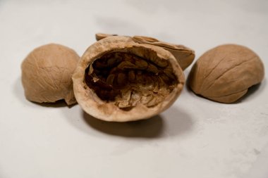 Tarafsız gri arka planda fındık, ceviz kabuğu.