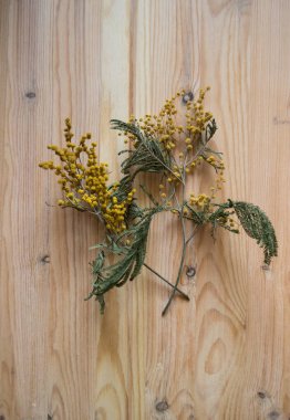 Yellow dried flowers on a wooden background, the beauty of nature forever