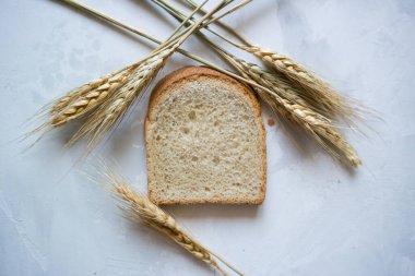 Gri arka planda buğday kulakları, sağlıklı yiyecekler