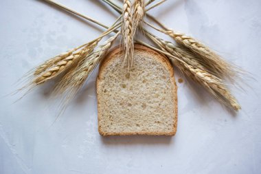 Gri arka planda buğday kulakları, sağlıklı yiyecekler