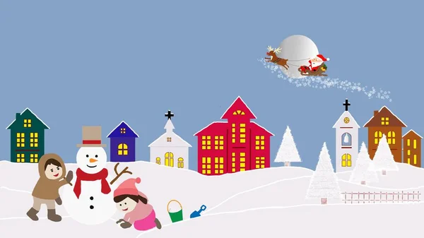 Санта Клаус Летить Над Лісом Будинком Сніговиком Різдвяна Листівка Запрошення Ліцензійні Стокові Зображення