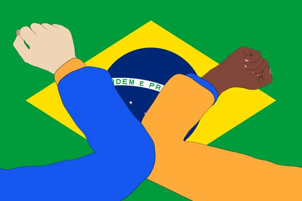 Choque de codo. Un saludo nuevo e innovador para evitar la propagación del coronavirus frente a una bandera de Brasil. — Foto de Stock