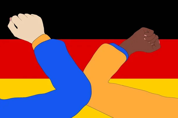 La bosse du coude. Nouvelle salutation innovante pour éviter la propagation du coronavirus devant un drapeau allemand. — Photo