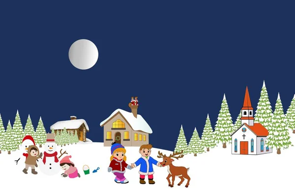 Kerstman Slee Vliegen Het Bos Huis Sneeuwpop Kerstkaart Uitnodiging Achtergrond — Stockfoto