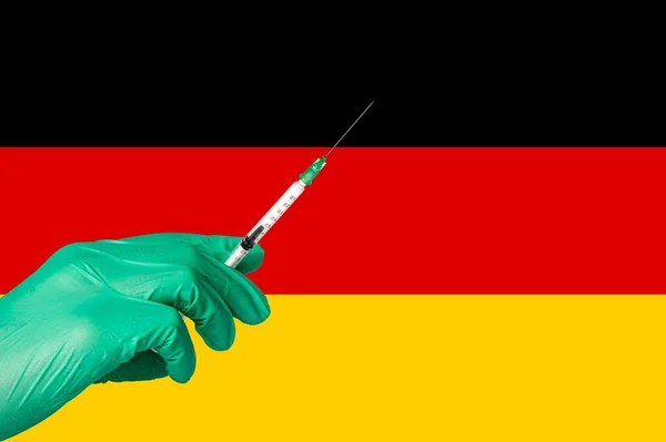 Koronová Vakcinace Před Vlajkou Německa — Stock fotografie