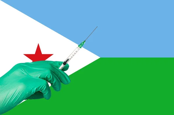 Cibuti bayrağı önünde korona aşısı — Stok fotoğraf