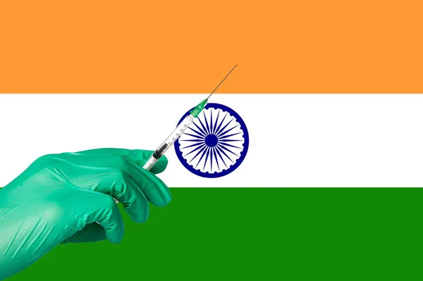 Вакцинація Корони Перед Прапором Індії Ліцензійні Стокові Фото