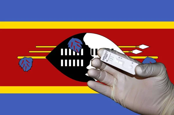 Hand Showing Negative Antigenic Corona Rapid Test Front Flag Eswatini — Stock Photo, Image