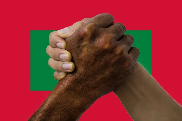 Maldivernas Flagga Och Integration Mångkulturell Grupp Unga Människor — Stockfoto