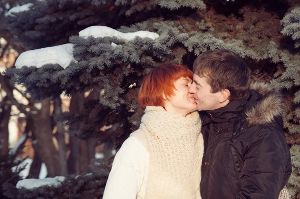 Mutlu çift Kış parkta öpüşme — Stok fotoğraf