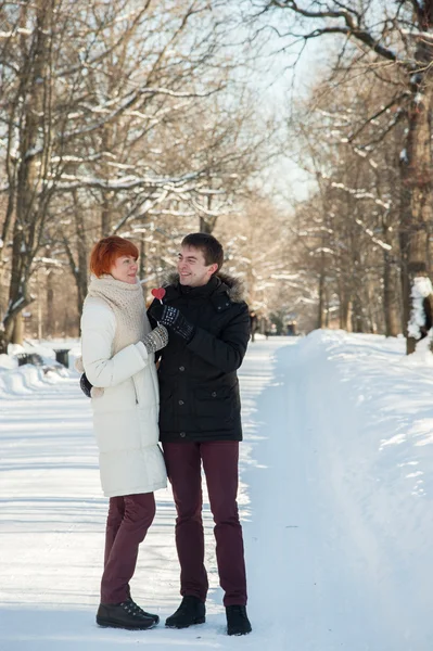 Feliz abrazo de pareja con piruletas en el parque de invierno —  Fotos de Stock