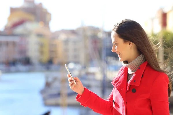 Profil kobiety za pomocą inteligentnego telefonu w zimie — Zdjęcie stockowe