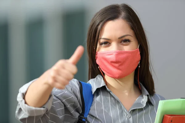 Front View Portrait Happy Student Wearing Mask Thumbs Street — Stock Photo, Image
