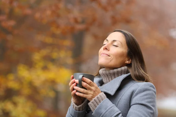 Розслаблена Жінка Середнього Віку Тримає Чашку Кави Дихаючи Свіжим Восени — стокове фото