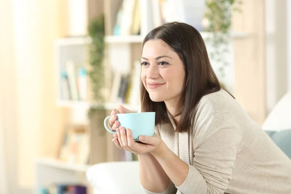 Mulher Satisfeita Pensando Bebendo Café Olhando Para Longe Sentado Sofá — Fotografia de Stock